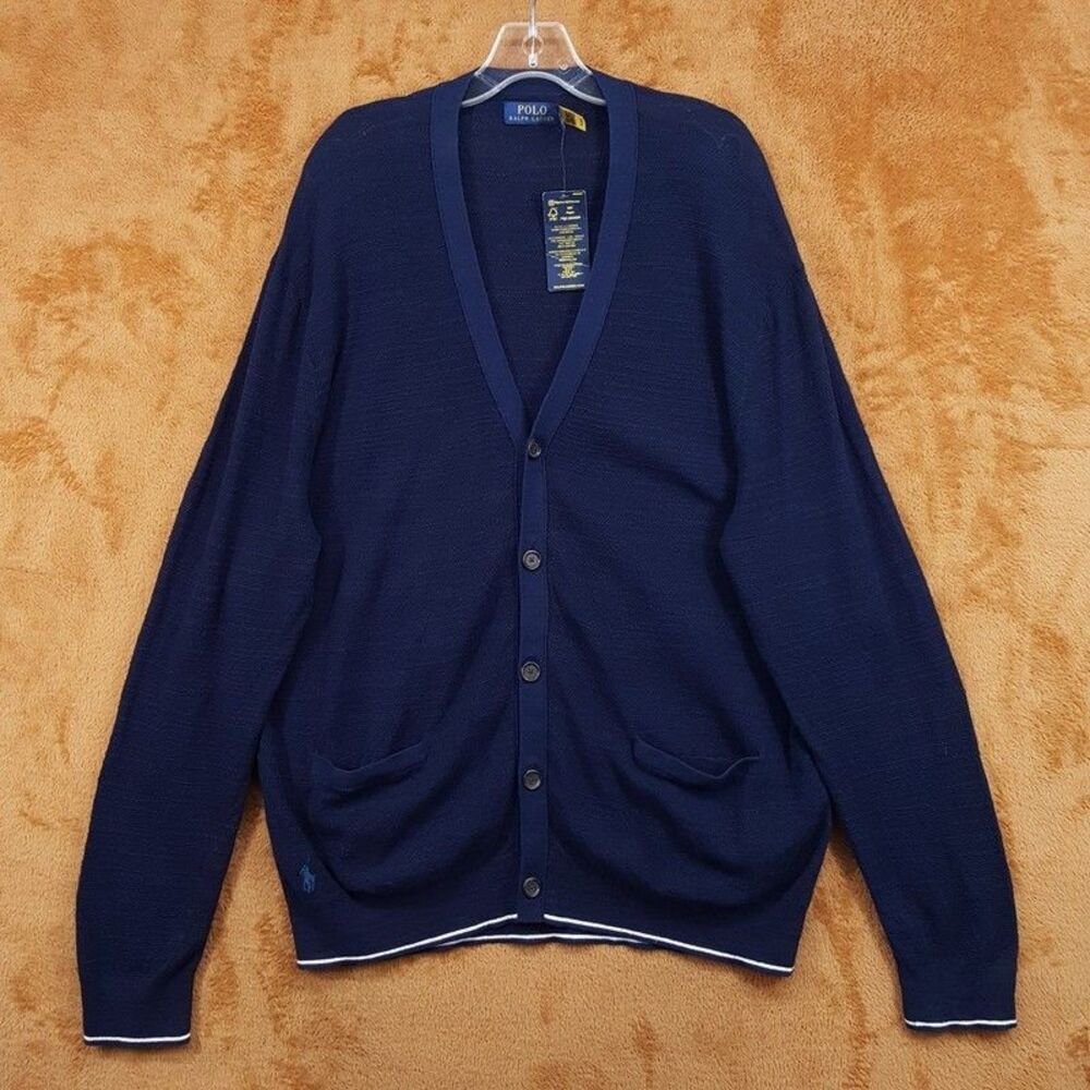Polo Ralph Lauren Sweater Mens XXL Navy Blue Cardigan Cotton Linen Textured Knit